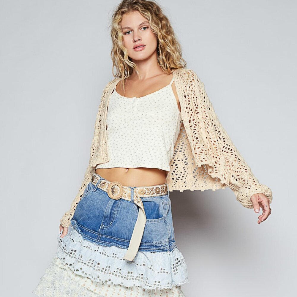 75. NWT POL Crochet Open-Knit Oversized Button Front Cardigan in Light Tan